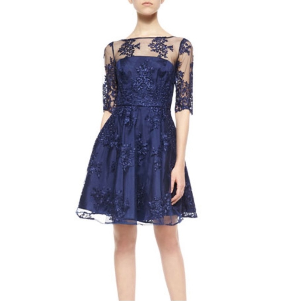 Monique Lhuillier Navy Dress Floral Lace Embroidered Cocktail Dress Size 4